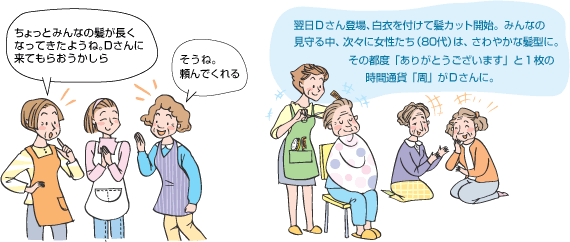 翌日Ｄさん登場、白衣を付けて髪カット開始。みんなの見守る中、次々に女性たち（80代）は、さわやかな髪型に。その都度「ありがとうございます」と1枚の時間通貨「周」がＤさんに。